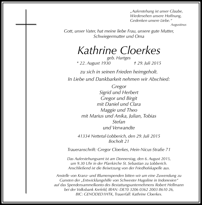  Traueranzeige für Kathrine Cloerkes vom 01.08.2015 aus Rheinische Post