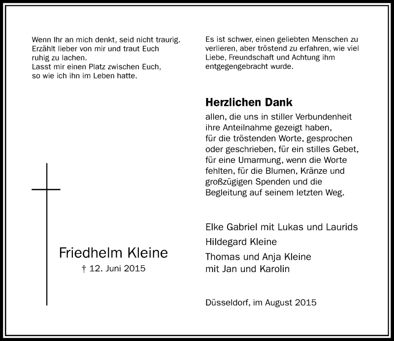 Traueranzeige für Friedhelm Kleine vom 01.08.2015 aus Rheinische Post