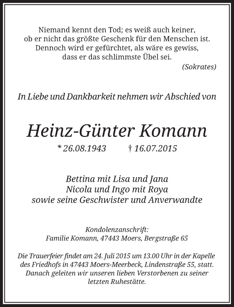  Traueranzeige für Heinz-Günter Komann vom 20.07.2015 aus Rheinische Post