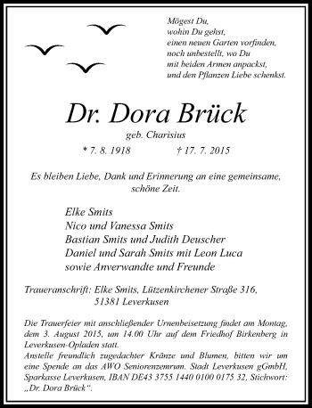 Traueranzeige von Dora Brück von Rheinische Post