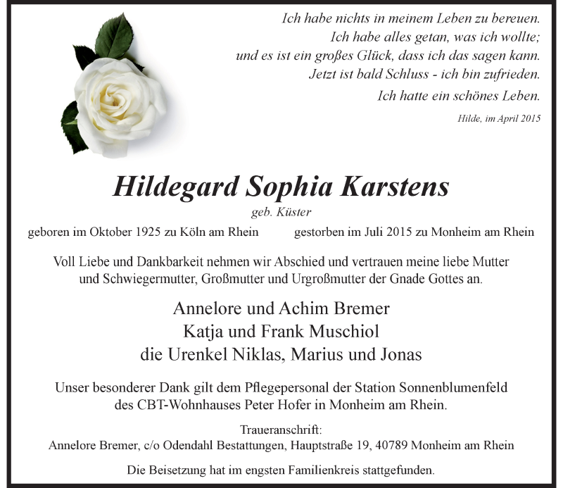 Alle Traueranzeigen Für Hildegard Sophia Karstens | Trauer.rp-online.de