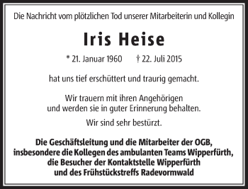 Traueranzeige von Iris Heise von Rheinische Post