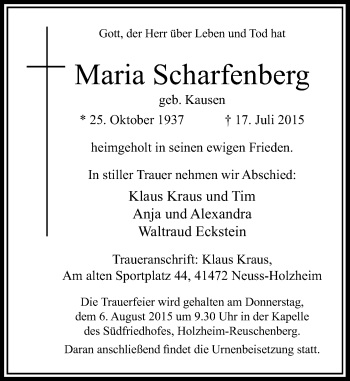 Traueranzeige von Maria Scharfenberg von Rheinische Post