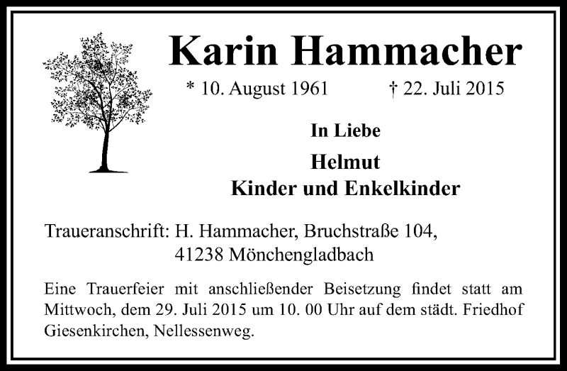  Traueranzeige für Karin Hammacher vom 25.07.2015 aus Rheinische Post