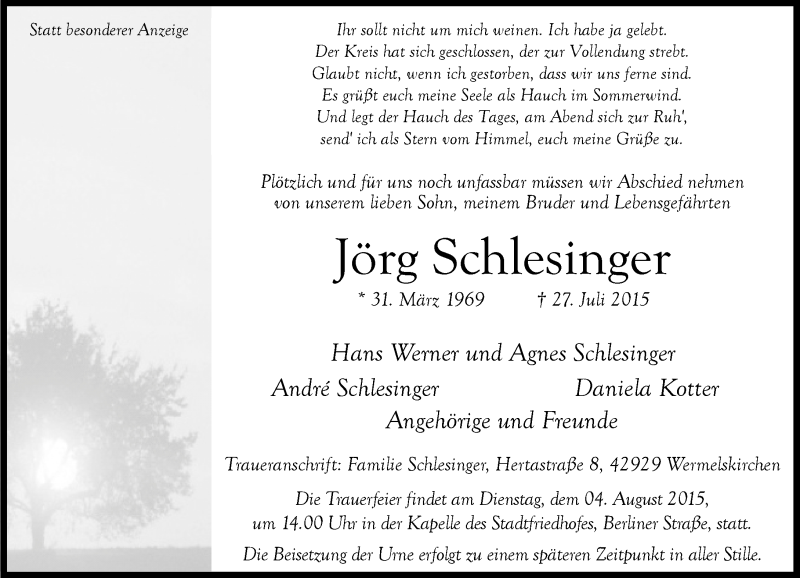  Traueranzeige für Jörg Schlesinger vom 30.07.2015 aus Rheinische Post