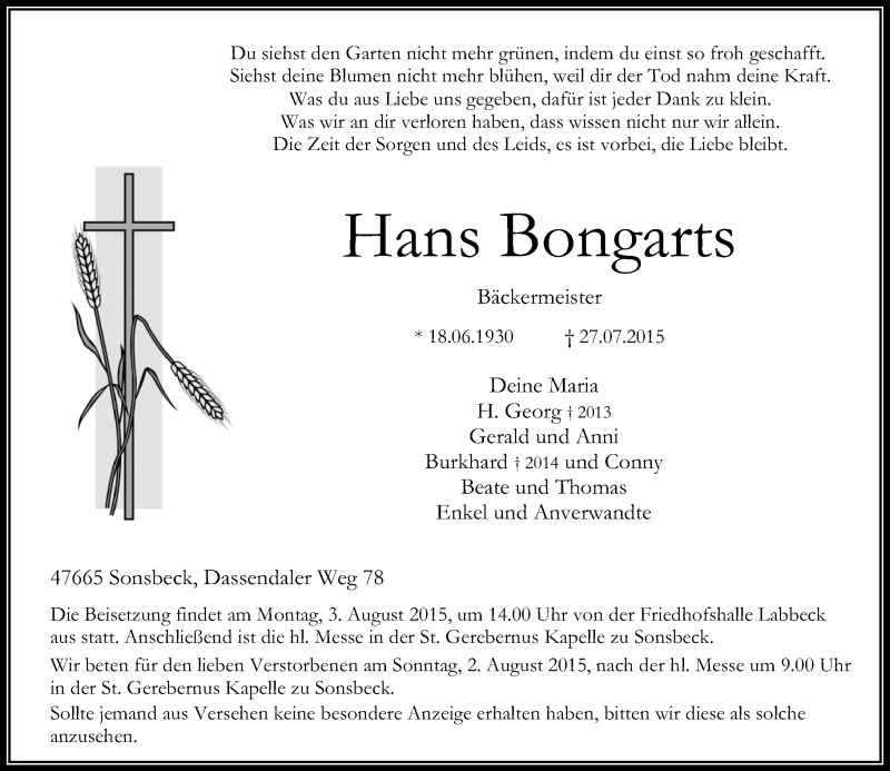  Traueranzeige für Hans Bongarts vom 30.07.2015 aus Rheinische Post