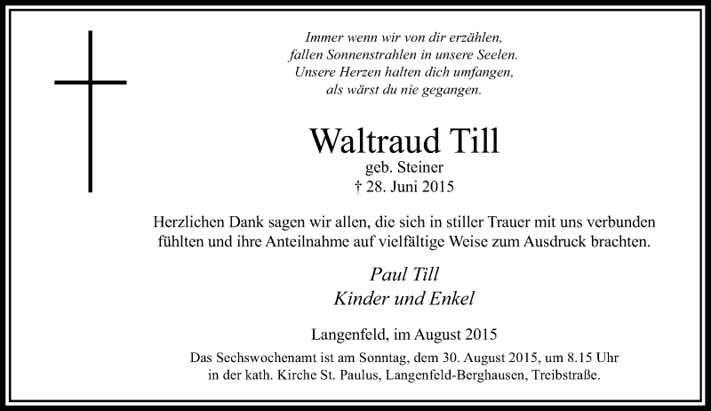  Traueranzeige für Waltraud Till vom 01.08.2015 aus Rheinische Post