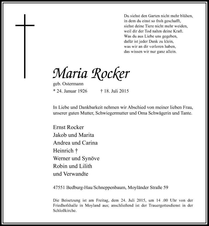 Alle Traueranzeigen für Maria Rocker | trauer.rp-online.de