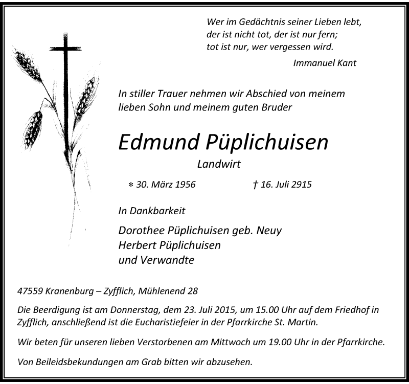  Traueranzeige für Edmund Püplichuisen vom 21.07.2015 aus Rheinische Post