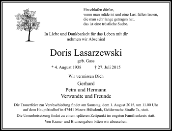 Traueranzeige von Doris Lasarzewski von Rheinische Post