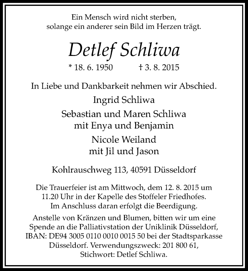  Traueranzeige für Detlef Schliwa vom 08.08.2015 aus Rheinische Post