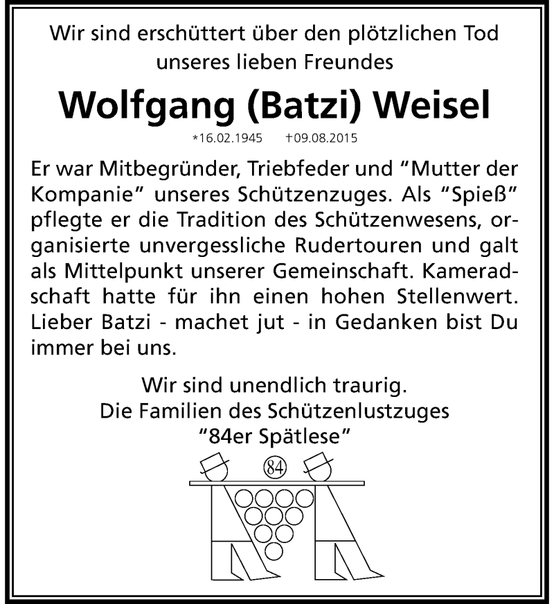  Traueranzeige für Wolfgang Weisel vom 11.08.2015 aus Rheinische Post