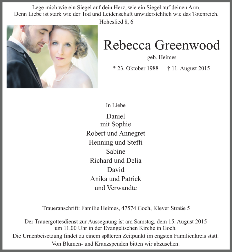  Traueranzeige für Rebecca Greenwood vom 13.08.2015 aus Rheinische Post