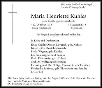 Traueranzeige von Maria Henriette Kuhles von Rheinische Post