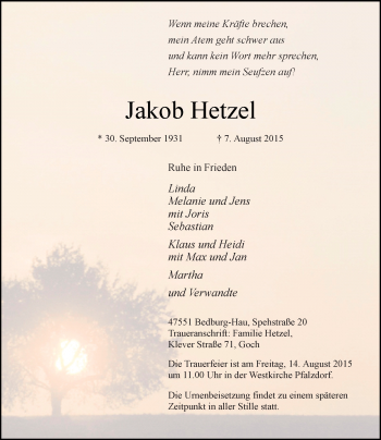 Traueranzeige von Jakob Hetzel von Rheinische Post