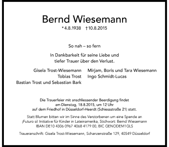 Traueranzeige von Bernd Wiesemann von Rheinische Post