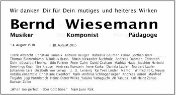 Traueranzeige von Bernd Wiesemann von Rheinische Post