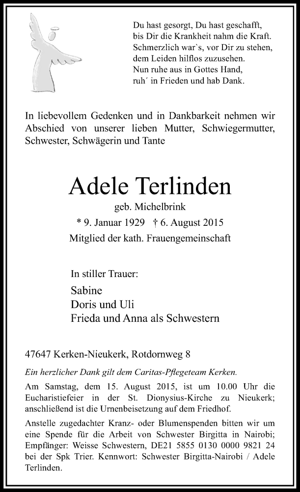  Traueranzeige für Adele Terlinden vom 12.08.2015 aus Rheinische Post
