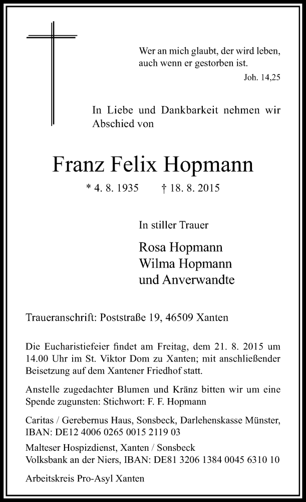  Traueranzeige für Franz Felix Hopmann vom 19.08.2015 aus Rheinische Post