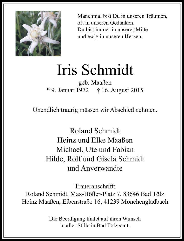 Traueranzeige für Iris Schmidt vom 22.08.2015 aus Rheinische Post