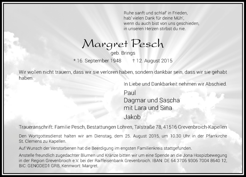  Traueranzeige für Margret Pesch vom 19.08.2015 aus Rheinische Post