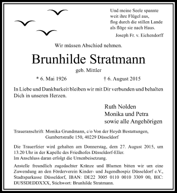 Traueranzeige von Brunhilde Stratmann von Rheinische Post
