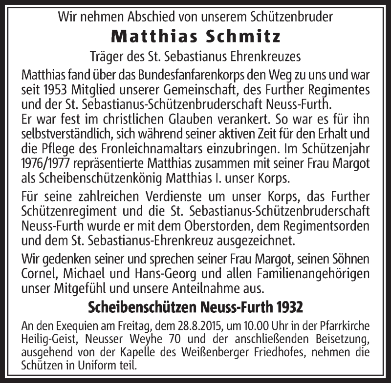  Traueranzeige für Matthias Schmitz vom 26.08.2015 aus Rheinische Post
