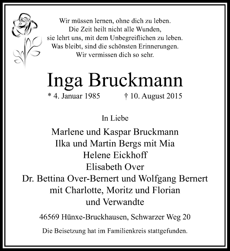 Traueranzeige für Inga Bruckmann vom 19.08.2015 aus Rheinische Post