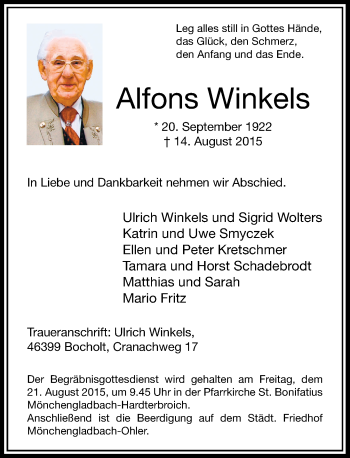 Traueranzeige von Alfons Winkels von Rheinische Post