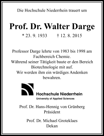 Traueranzeige von Walter Darge von Rheinische Post