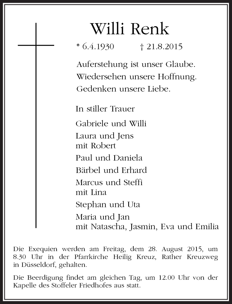  Traueranzeige für Willi Renk vom 26.08.2015 aus Rheinische Post