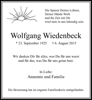 Traueranzeige von Wolfgang Wiedenbeck von Rheinische Post