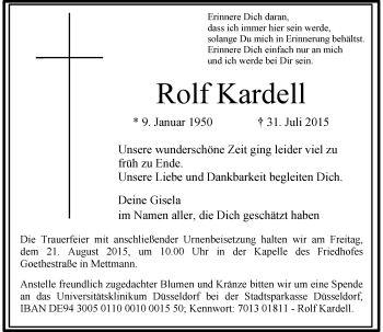 Traueranzeige von Rolf Kardell von Rheinische Post