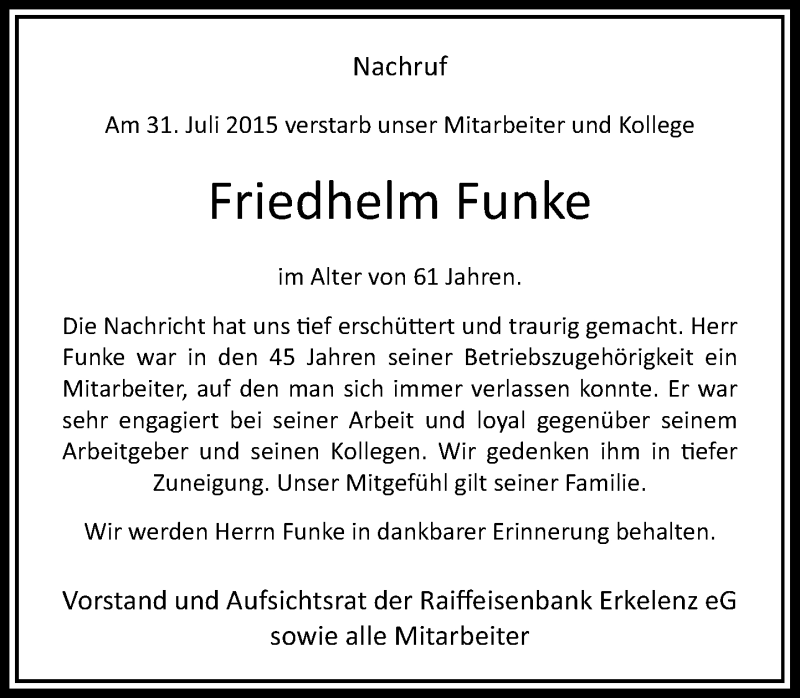  Traueranzeige für Friedhelm Funke vom 12.08.2015 aus Rheinische Post