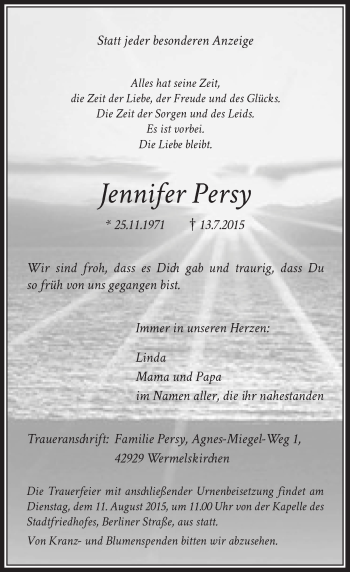Traueranzeige von Jennifer Persy von Rheinische Post