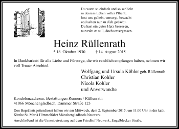 Traueranzeige von Heinz Rüllenrath von Rheinische Post