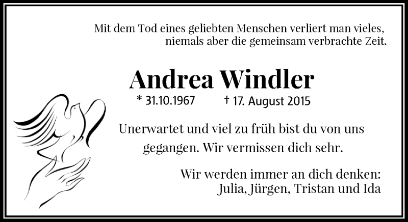  Traueranzeige für Andrea Windler vom 22.08.2015 aus Rheinische Post