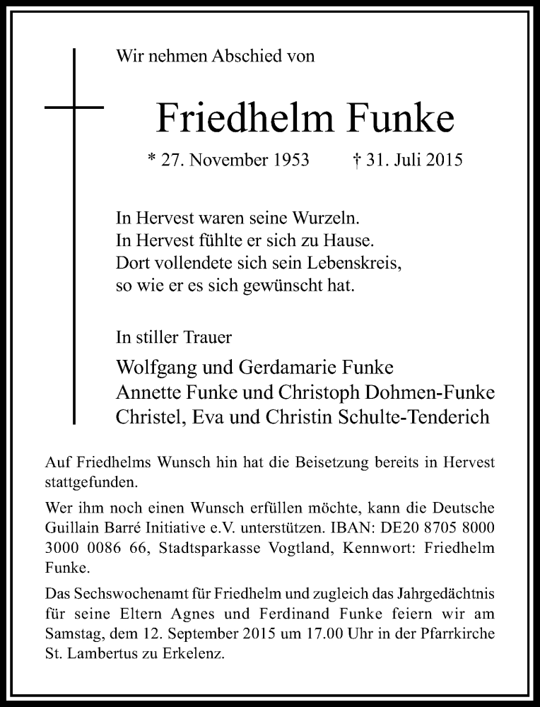  Traueranzeige für Friedhelm Funke vom 08.08.2015 aus Rheinische Post