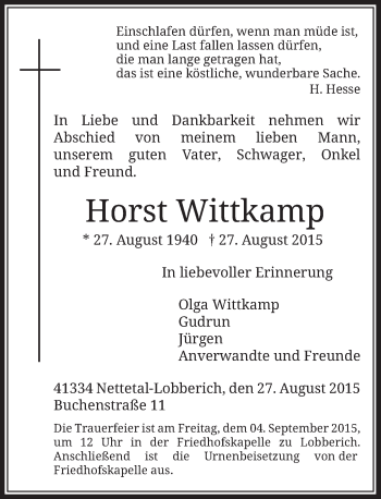 Traueranzeige von Horst Wittkamp von Rheinische Post