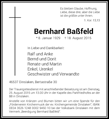 Traueranzeige von Bernhard Baßfeld von Rheinische Post