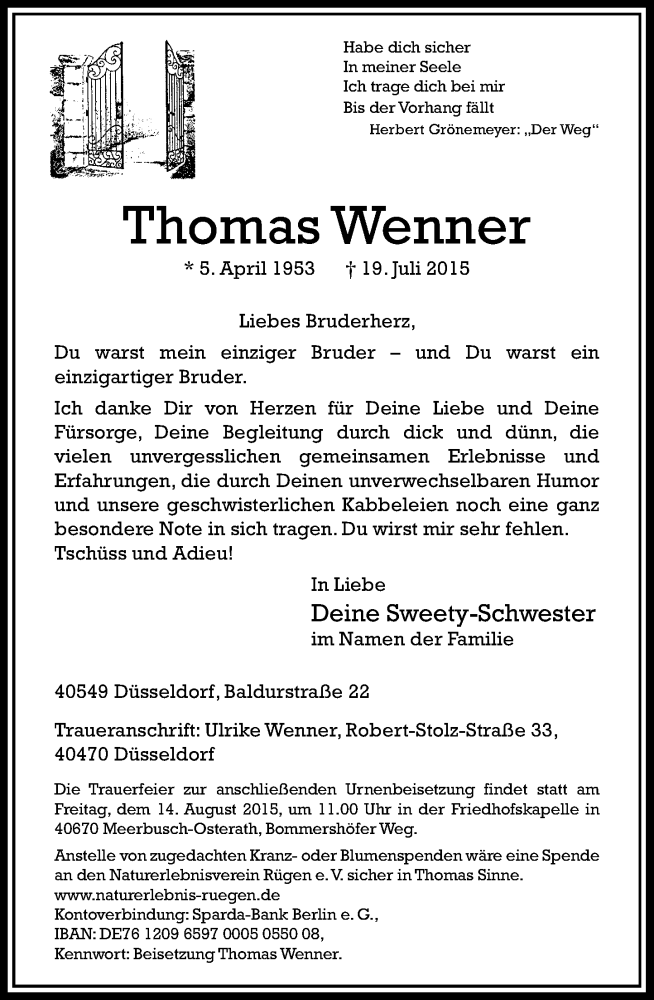  Traueranzeige für Thomas Wenner vom 08.08.2015 aus Rheinische Post