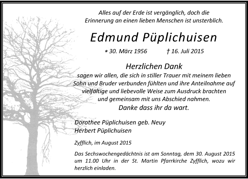  Traueranzeige für Edmund Püplichuisen vom 26.08.2015 aus Rheinische Post