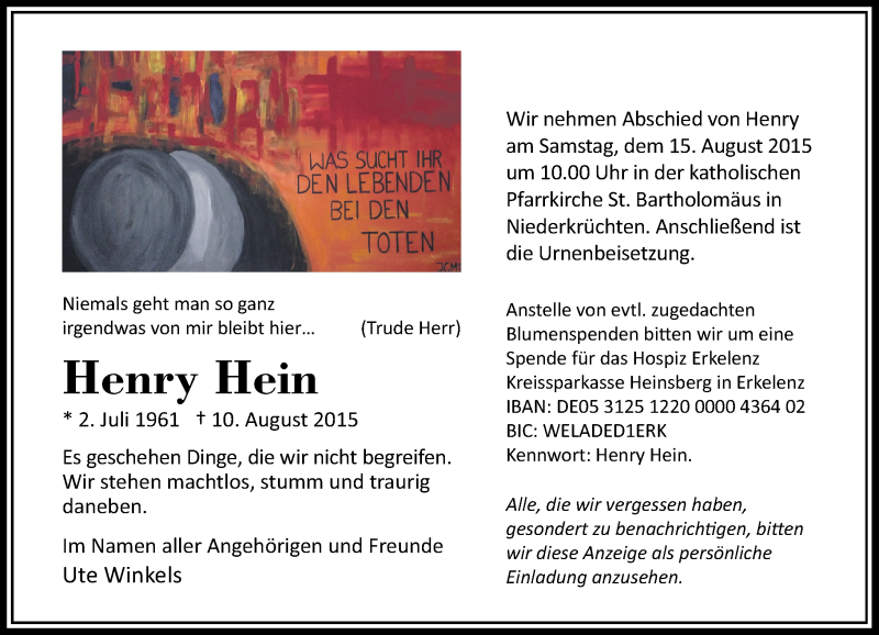  Traueranzeige für Henry Hein vom 12.08.2015 aus Rheinische Post