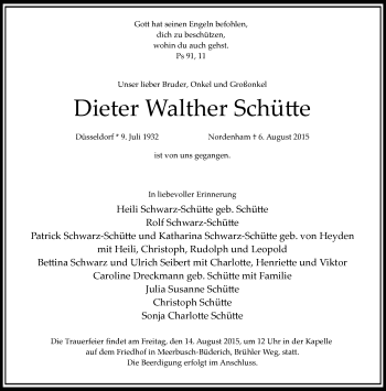 Traueranzeige von Dieter Walther Schütte von Rheinische Post