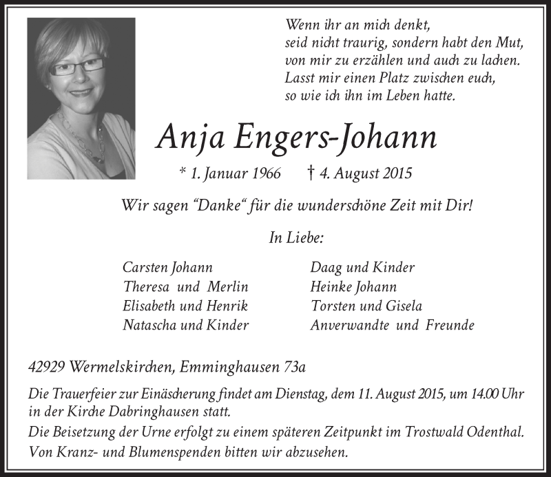  Traueranzeige für Anja Engers-Johann vom 07.08.2015 aus Rheinische Post