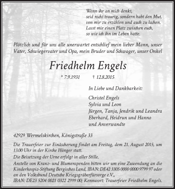 Traueranzeige von Friedhelm Engels von Rheinische Post