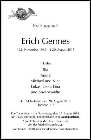 Traueranzeige von Erich Germes von Rheinische Post