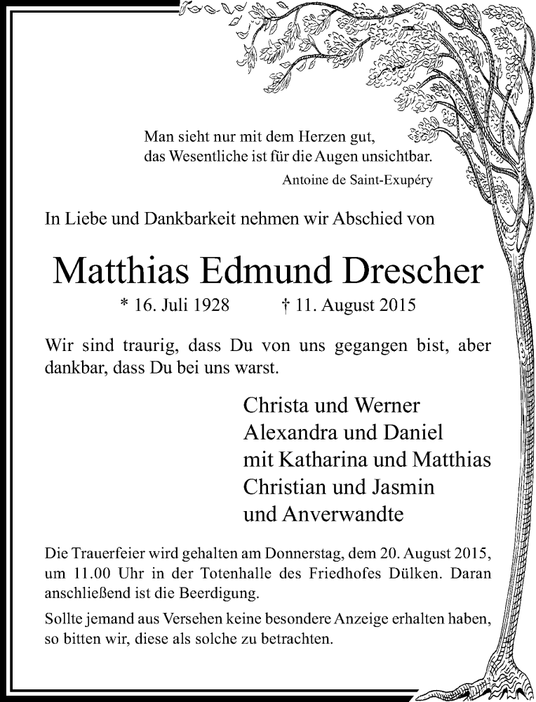 Alle Traueranzeigen für Matthias Edmund Drescher | trauer.rp-online.de