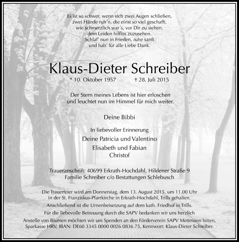  Traueranzeige für Klaus-Dieter Schreiber vom 08.08.2015 aus Rheinische Post