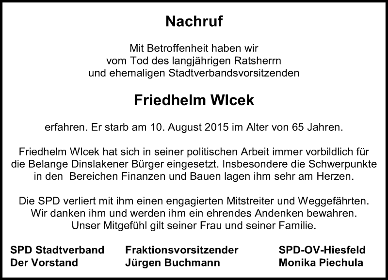  Traueranzeige für Friedhelm Wlcek vom 15.08.2015 aus Rheinische Post